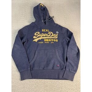 Superdry Hoodie Mens Large Blue Fleece Pullover Real SuperDry Graphic Logo